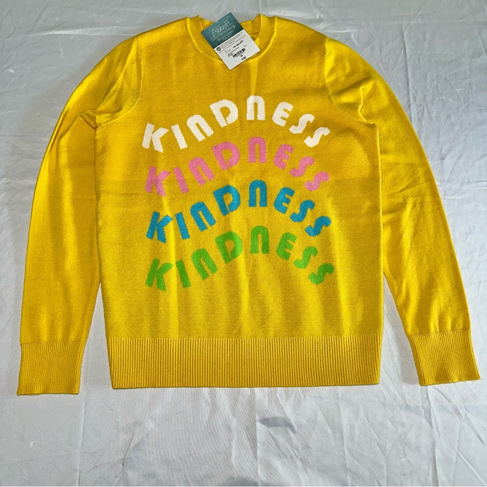 NWT Abbot Elementary Yellow Sweater with Multicolor 'Kindness' Design Medium.
